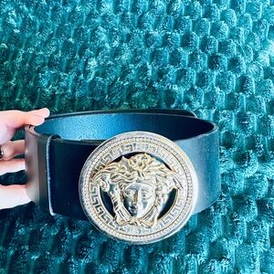 Vintage Authentic Versace Black Belt with Gold Medusa Buckle